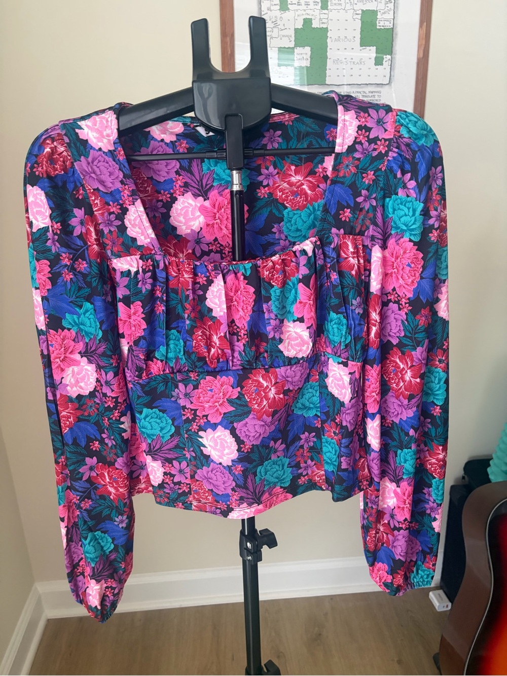 SO Vibrant Floral Square-Neck Blouse in Pink, Teal & Purple